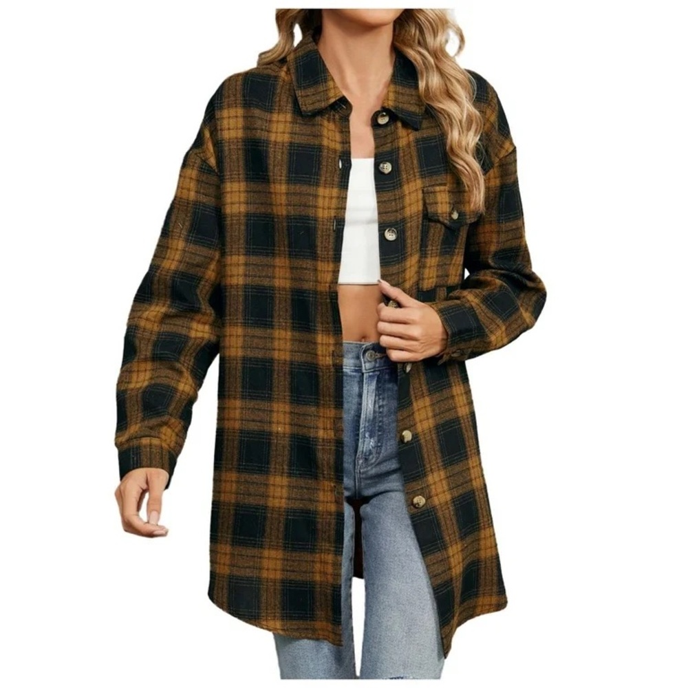 Max Studio rayon brown plaid and black snap closure front shacket women large